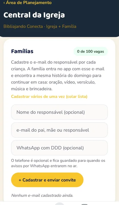 Tela Famílias e convites